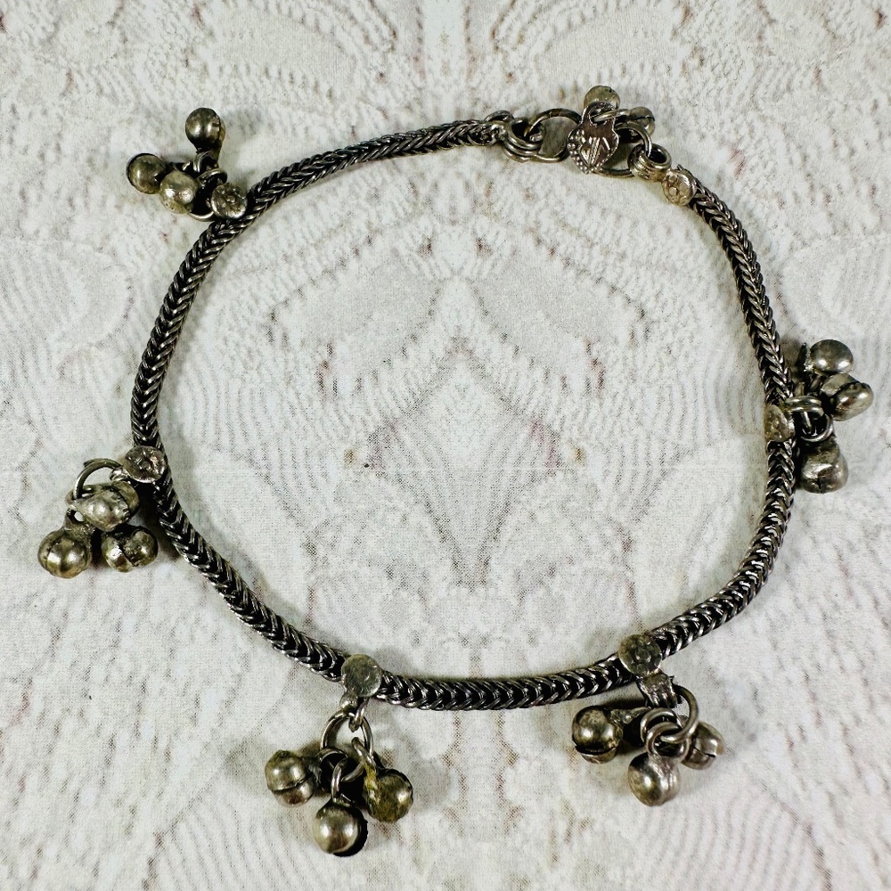 Vintage Rajasankle bracelet with little bell tassels Ethnic Old Silver Marked VR